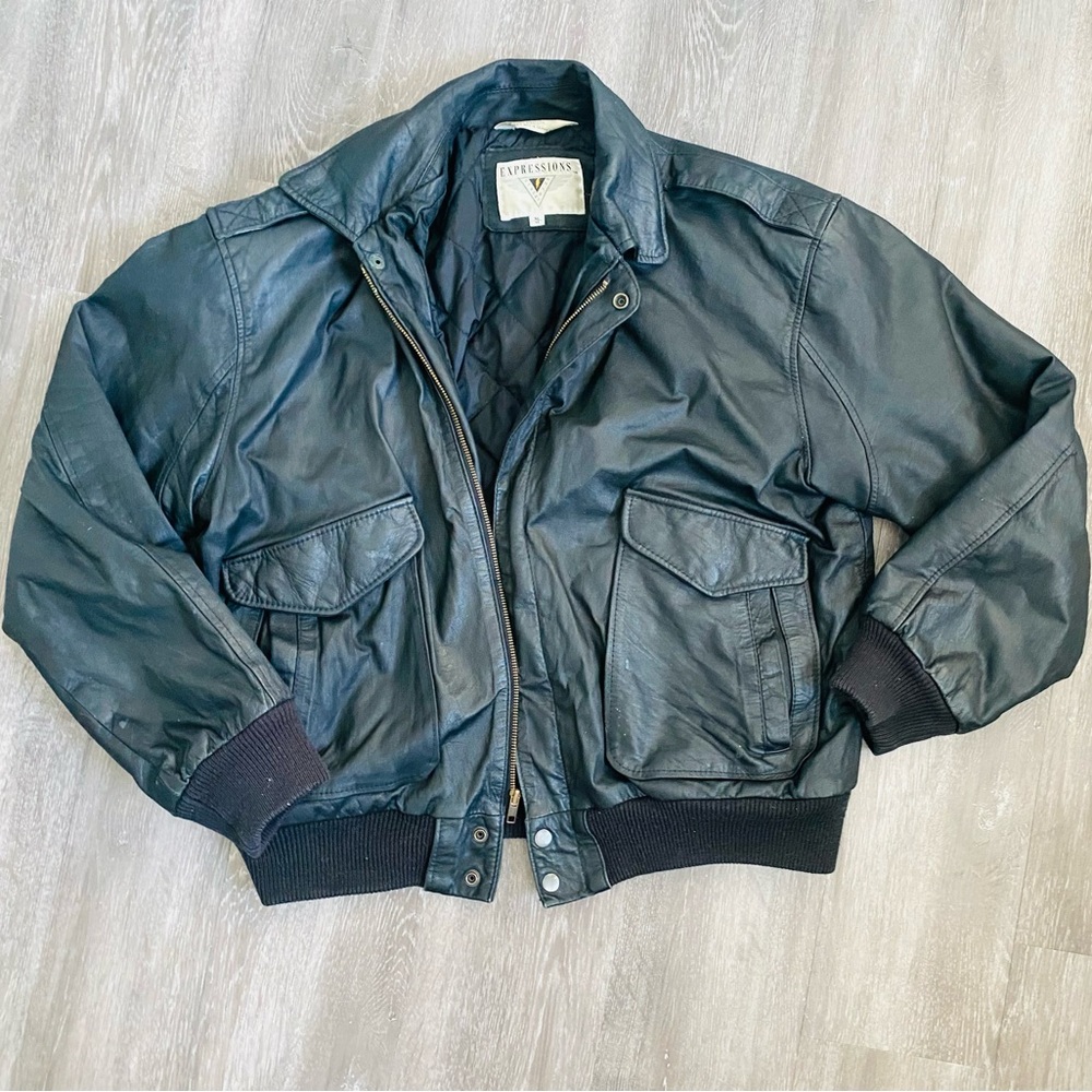 Expressions Black Leather Bomber Jacket